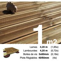 Terrasseenbois.Fr – Kit complet terrasse en pin autoclave marron 1 m² – Lames réversibles 4,2 m – Lambourdes 45x70 mm – Plots réglables 4-6 cm – Visserie inox