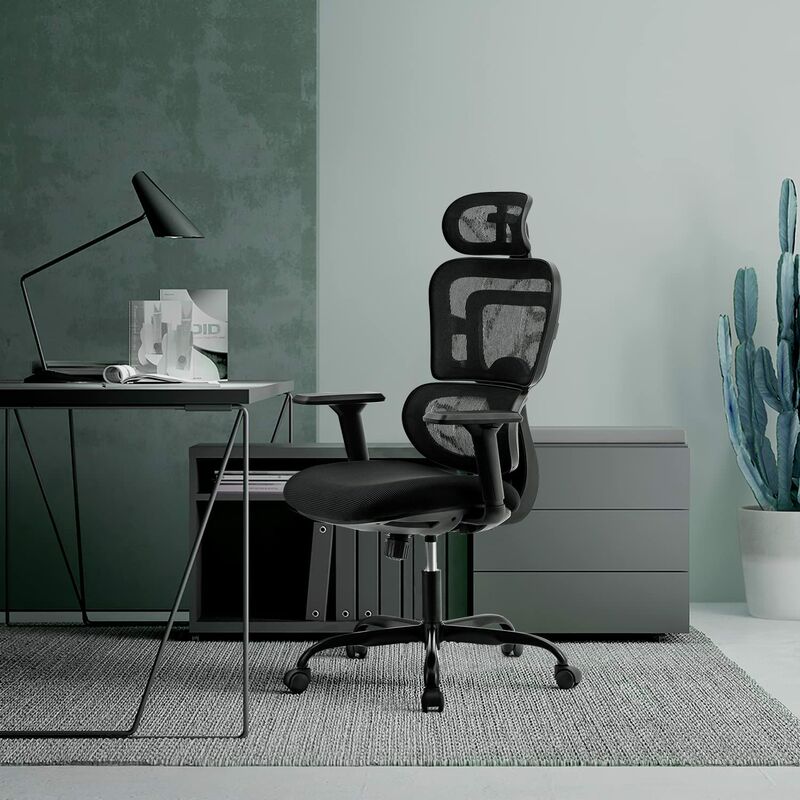 Devoko Ergonomischer Bürostuhl - Maximale Belastung: 150 kg - Bequemer  Drehstuhl aus Netzgewebe mit verstellbarer Kopfstütze und Armlehnen,Schwarz
