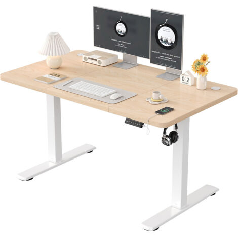 DEVOKO Höhenverstellbarer Stehtisch, 100 x 60 cm, Stehtisch, Schreibtisch mit Spleißplatte, Cremeweißer Rahmen/Beige Platte