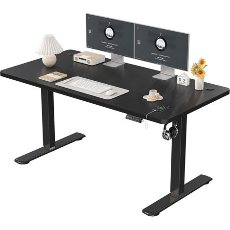 DEVOKO Höhenverstellbarer Stehtisch, 120 x 60 cm, Stehtisch, Schreibtisch mit Spleißplatte, Schwarzer Rahmen/Schwarze Platte
