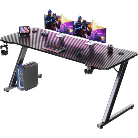 Devoko Carbonfaser-Gaming-Tisch 120 x 60 cm großer Computertisch PC-Gaming-Tisch für das Homeoffice, Gaming-Tisch mit Metallgestell, Kabelablage und Kopfhörerhalterung (schwarz)