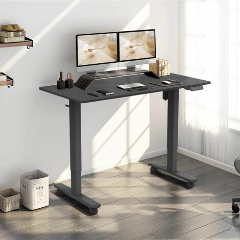 Devoko Höhenverstellbarer Elektrisch Schreibtisch- Sitz- & Stehpult mit Ladebuchsen 140 x 60 cm Schwarzer
