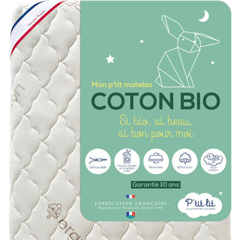 P'tit Lit - Matelas Enfant/Bébé Coton Bio - 70x140x10 cm - 100% Coton : matière Naturelle d'origine Végétale - Sans traitement chimique - Déhoussable - Oeko Tex® - Fabrication Française