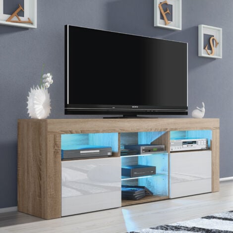 Pulse TV Unit - Oak with White Gloss Doors & LED  145cm