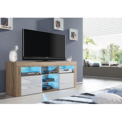 Pulse TV Unit - Oak with White Gloss Doors & LED  145cm