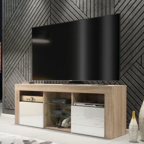 Pulse TV Unit - Oak with White Gloss Doors & LED  145cm