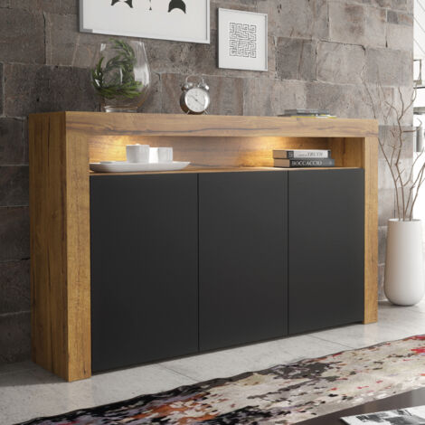 Aether Sideboard - Dark Oak with Black Matt Doors & LED - 155cm