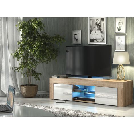 TV Unit 130cm Oak Modern Stand White Gloss Doors Creative Furniture
