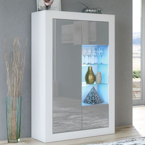 Arcadia Display Cabinet - White with Grey Gloss Doors & LED  140cm