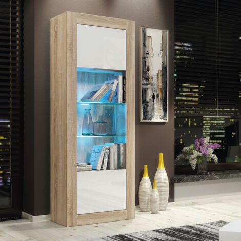 Illume Display Cabinet - Oak with White Gloss Doors & LED  170cm