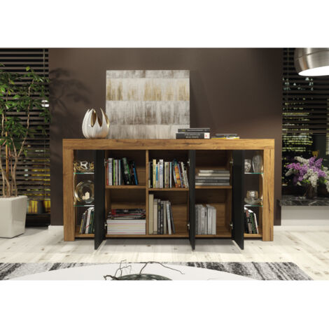 Sideboard 164 cm Oak TV Unit Modern Stand Black Matte Doors Creative Furniture