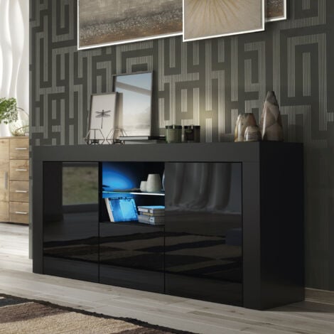 Aurora Sideboard - Black with Gloss Doors & LED  145cm