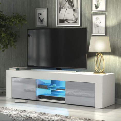 Loom TV Unit - White with Grey Gloss Doors & LED - 130cm