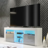 Pulse TV Unit - White with Grey Gloss Doors & LED - 145cm