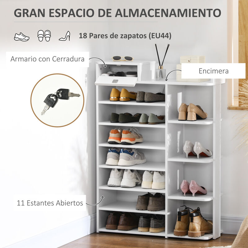 HOMCOM Estante Zapatero de Madera Estantería para Zapatos con 11 Estantes  Abiertos para 18 Pares de Zapatos y Armario con Cerradura para Pasillo