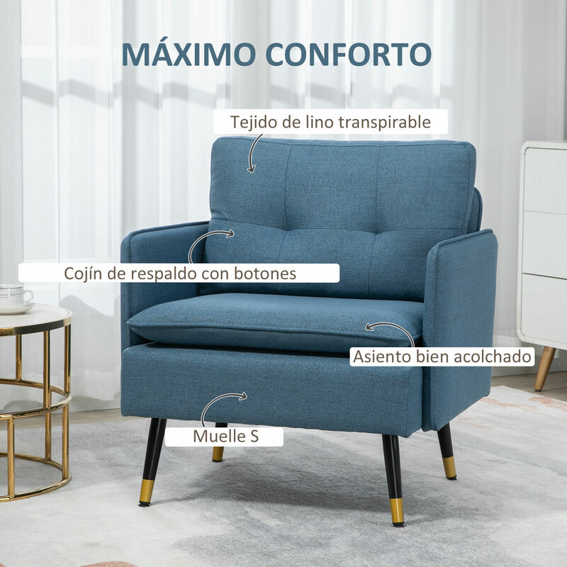 HOMCOM butaca de salón sillón relax con reposabrazos asiento acolchado y  patas de acero sofá individual de moderno para dormitorio 76x68x80 cm
