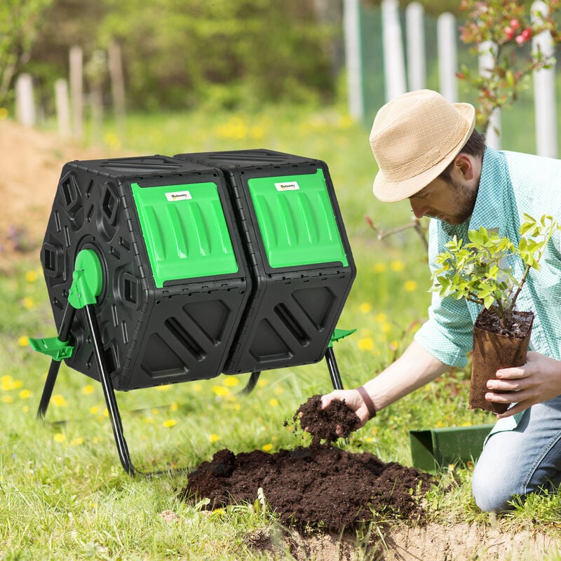 Outsunny compostador giratorio de 130 L contenedor de compostaje de jardín  de doble cámara con aberturas de ventilación y patas de acero 67x60x77 cm