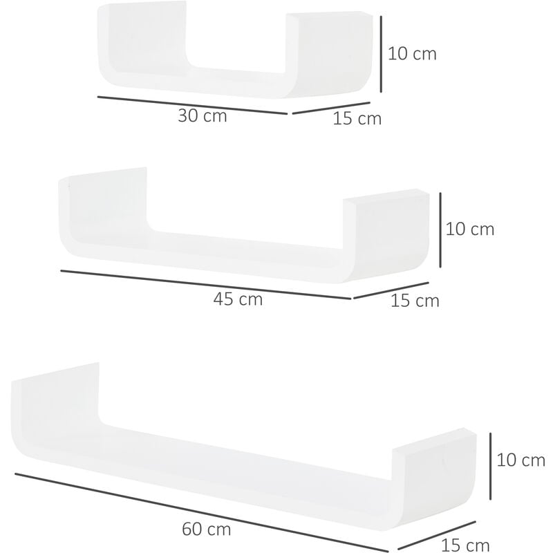 22x10x7cm 32x10x8.5cm y 42x10x10cm MDF FIVE Juego de 3 estantes de Pared Blancos 3 tamaños 