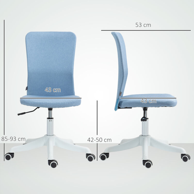 Silla De Oficina Sin Brazos HOMCOM - Tapizado Lino Sintético, Altura Ajustable, Ruedas Giratorias, Carga 120 Kg, Azul Claro