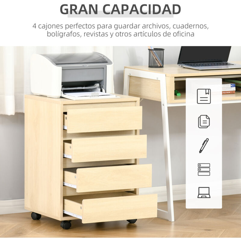 Cajonera De Oficina Con 4 Cajones Y Cerradura – Estilo Rústico, Con Ruedas, Para Carpetas A4 Y Carta