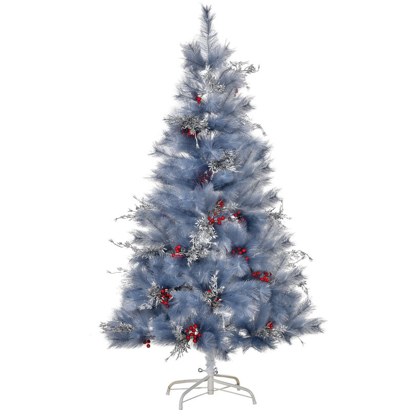 Árbol de Navidad 150 cm Artificial Árbol de Pino Navideño con 222 Ramas Ignífugas Bayas Decorativas Hojas Plateadas Base Plegable y Soporte de Metal