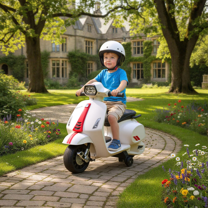 Moto Eléctrica Infantil Vespa 6V Con Ruedas Laterales – Para Niños De 2 A 6 Años, Velocidad 2,5 Km/h