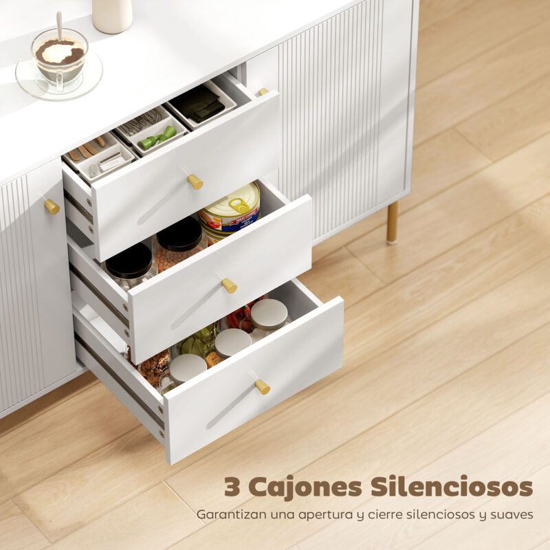 Aparador Moderno De 2 Puertas Y 3 Cajones – Encimera Efecto Mármol, Estantes Ajustables, Patas De Acero, Blanco, 120x39.1x76 Cm