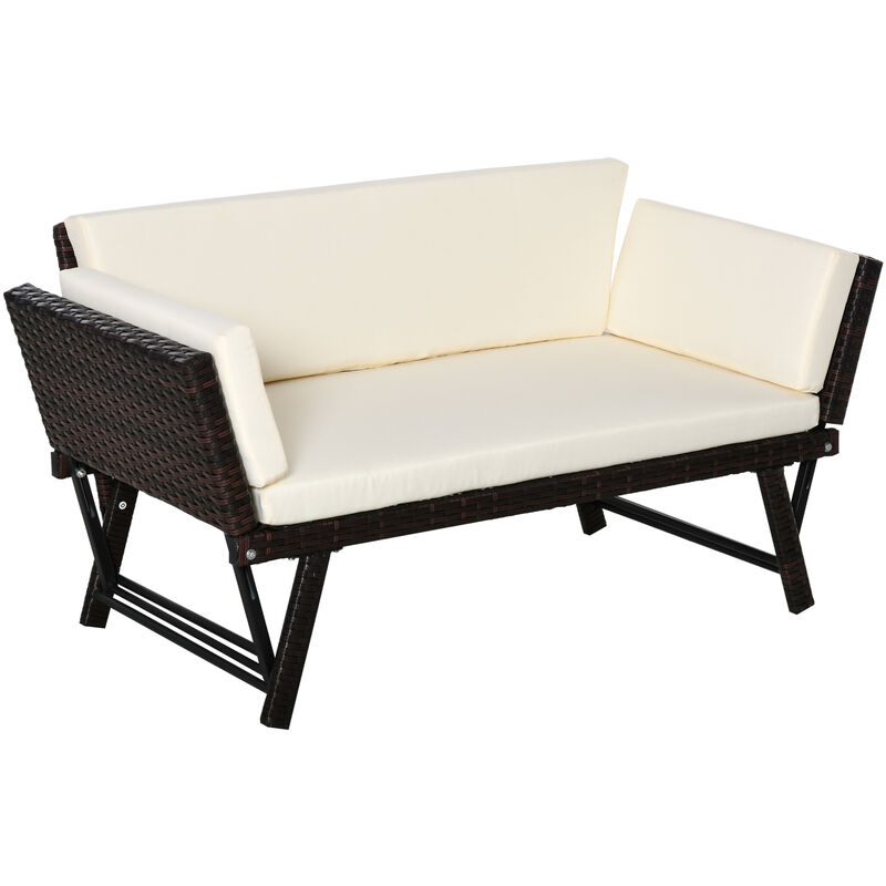 Sofá de Ratán de 2 Plazas Convertible en Cama Individual con Reposabrazos Abatibles y Cojines Acolchados Sofá Doble para Jardín Terraza 129x63x67 cm