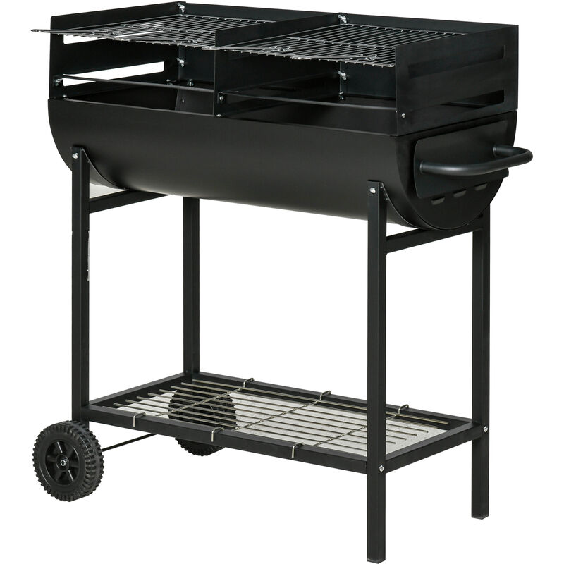 Outsunny barbacoa de carbón con parrilla ajustable en altura para exterior barbacoa portátil con estante de almacenaje y ruedas 90x45x96 cm negro