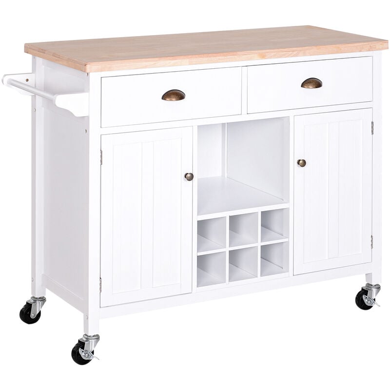 Carrito de Cocina Multiusos con Botellero Cajones y Armarios 113x45x89cm Blanco