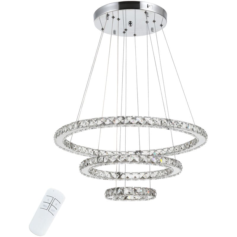 Lámpara de Araña de Cristal Lámpara Colgante LED 40W con 3 Anillos Ángulo Ajustable y Control Remoto 4000K Luz Blanco para Salón Comedor Ø60x110 cm