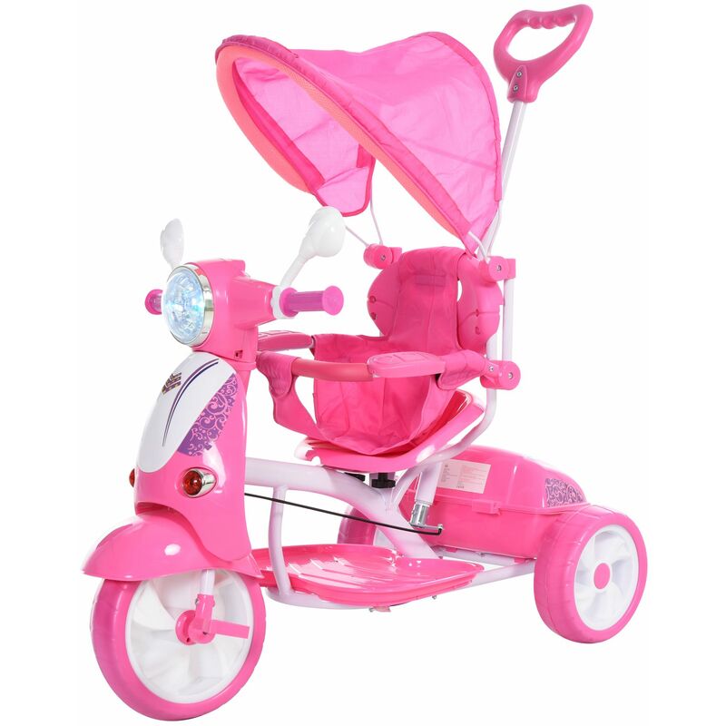 Triciclo para Niños de +18 Meses Triciclo Evolutivo Infantil con Capota Extraíble Asiento Giratorio Barra y Función de Luz Música 102x48x96 cm