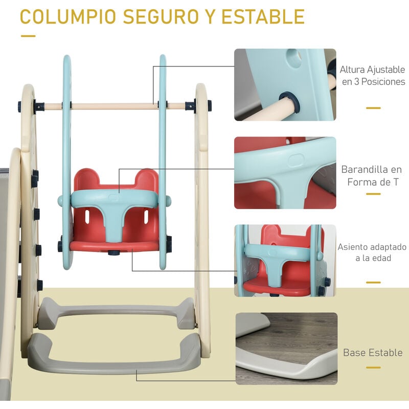 HOMCOM 5 en 1 Tobogán y Columpio para Niños +18 Meses con 2 Canastas de  Baloncesto Portería Fútbol con Asiento Ajustable Parque Infantil Interior y  Exterior 210x186x133 cm Multicolor