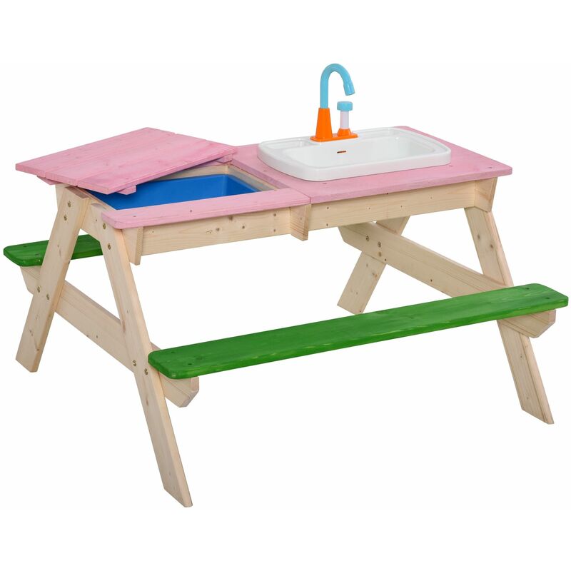 Juego de Mesa y 2 Bancos para Niños Mesa de Picnic Infantil de Madera con Arenero o Piscina Fregadero y 14 Juguetes para Jardín 94x89x50,5 cm