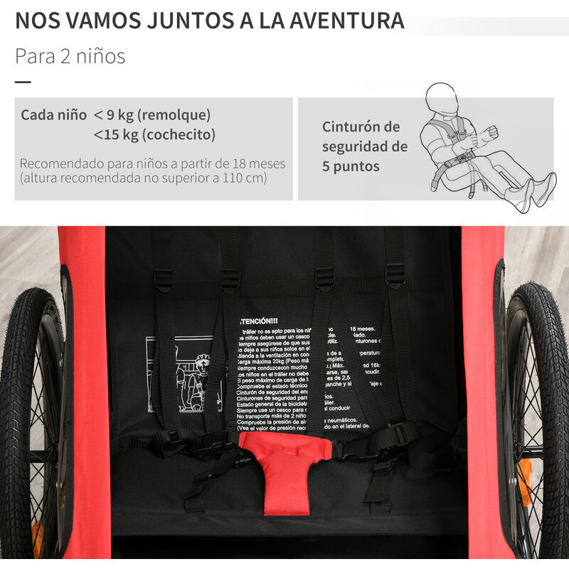 HOMCOM 2 en 1 Remolque de Bicicleta para Niños 18 Meses Plegable Cochecito de Paseo de 2 Plazas con Manillar Ajustable en Altura Bandera y Reflectores 160x83x96 cm Verde 
