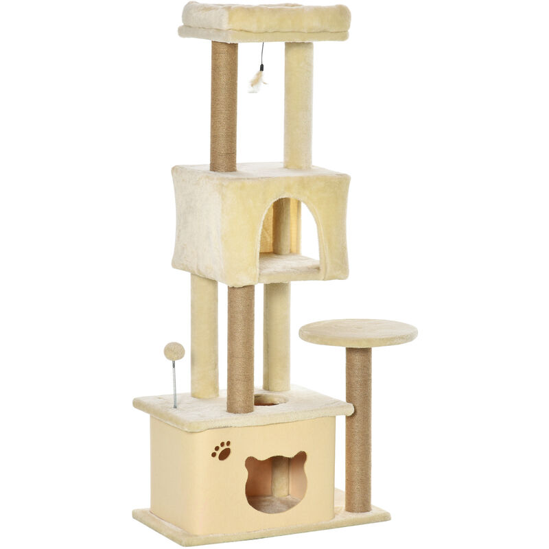 Árbol Rascador para Gatos Grande 60x34x136 cm Centro de Actividades con Plataformas Cuevas de Felpa Desmontable Postes de Yute Bola Juguete Colgante