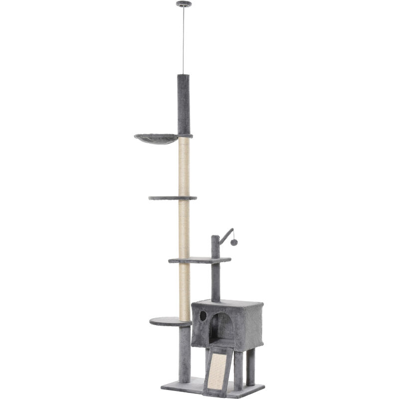 Árbol Rascador para Gatos Altura Ajustable 238-270 cm Torre para Gatos para Fijar al Techo con Hamaca Cueva Rampa Bola de Juego 60x40x270 cm