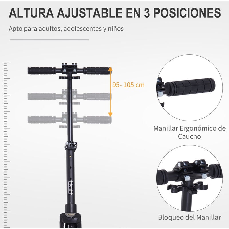 HOMCOM Patinete Plegable para Adultos y Niños +14 años Scooter con Manillar  Altura Ajustable Tipo Monopatín con Freno Grandes Ruedas Carga 100kg  93,5x38x95-105cm Negro Años