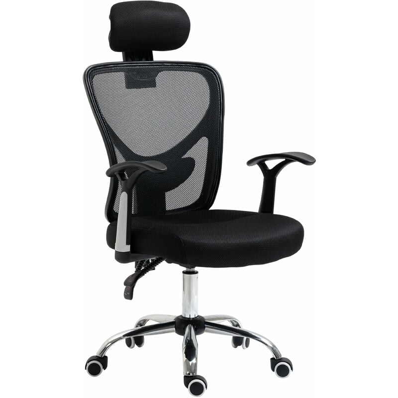 Silla de Oficina Silla Escritorio Giratoria con Altura Ajustable Función Reclinable Reposacabezas Regulable y Soporte Lumbar 65x67x108-118 cm Negro