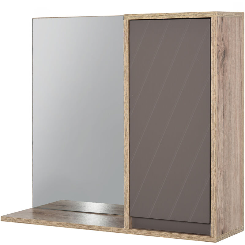 Armario de Baño con Espejo Mueble Auxiliar de Pared con 1 Puerta y Estante Ajustable Estilo Moderno para Cocina Recibidor 57x14,2x49,2 cm Roble y Gris