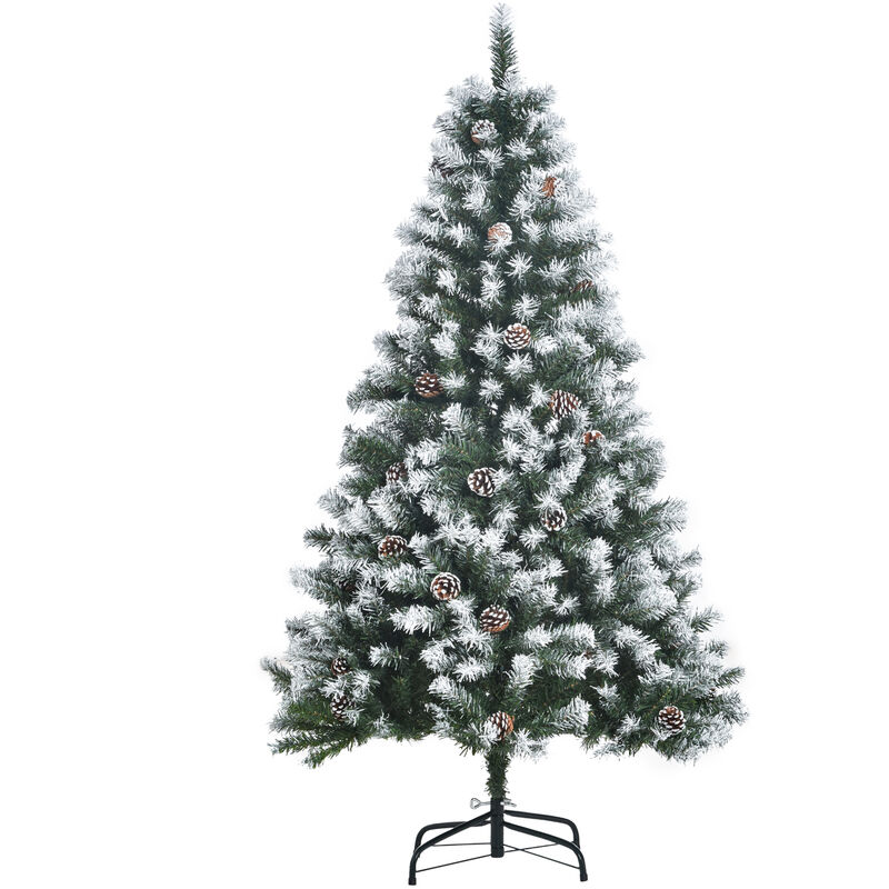 Árbol de Navidad Artificial 150 cm con Nieve Ignífugo con 676 Ramas 41 Piñas Hojas de PVC Apertura Automática Base Plegable y Soporte Metálico