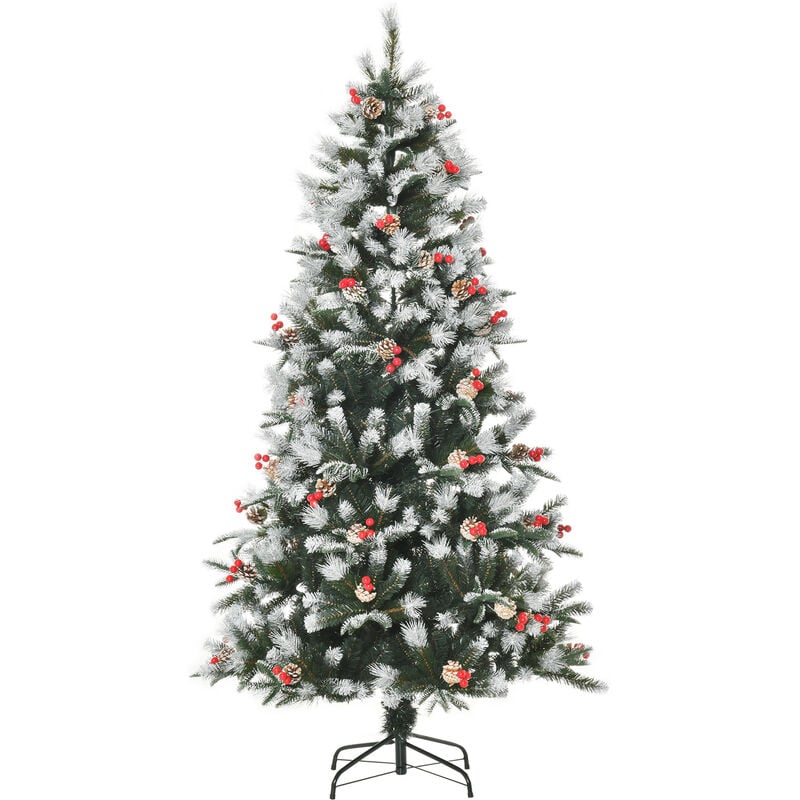 Árbol de Navidad Artificial 180 cm con 678 Ramas 53 Piñas y 53 Bayas Hojas de PVC PE Base Plegable y Soporte Metálico Decoración Navideña Interior