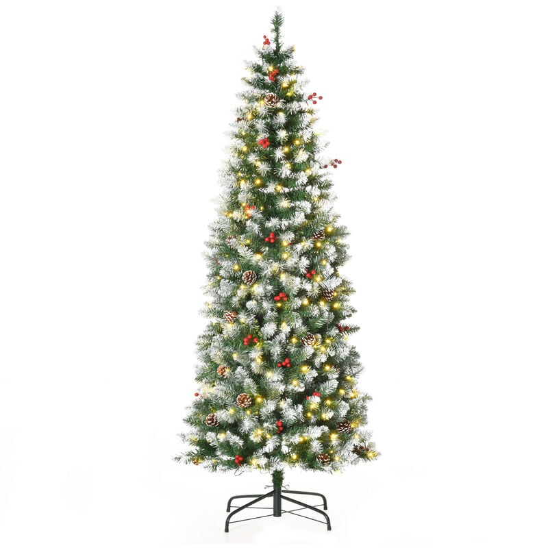 Árbol de Navidad Nevado Artificial 180 cm con 300 Luces LED Blanco Cálido 618 Ramas Ignífugas de PVC Decoraciones Incluidas y Base Plegable Ø65x180 cm