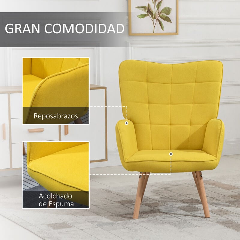 HOMCOM Butaca de Salón Moderna Sillón con Respaldo Alto Reposabrazos Tela  de Lino y Patas de Madera de Haya para Comedor Cocina 71x68x101 cm Azul