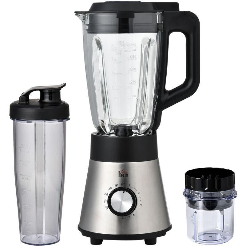 Batidora de Vaso 1000W Jarra de Cristal de 1.5L con 4 Programas 5 Velocidades Ajustables Cuchilla de 6 Hojas Acero Inoxidable y Botella 22,4x19x43 cm