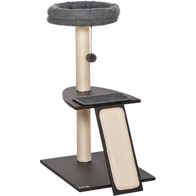 PawHut Árbol Rascador para Gatos de Madera 71,5x49,5x120 cm Torre de Gato  con Cueva Plataformas Postes Rascadores de Sisal Cojines de Felpa Suave y  Bolas Colgantes Natural