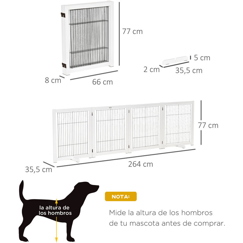 PawHut Barrera de Seguridad Plegable para Perros Madera Rejilla de  Protección de 4 Paneles para Mascotas con Patas para Puertas Escaleras  Pasillos 264x35,5x77 cm Blanco 264x35,5x77cm
