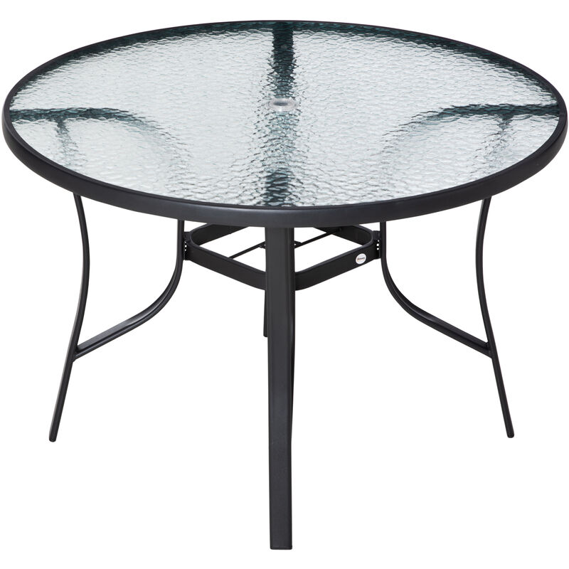 Mesa de Cristal de Jardín con Agujero para Sombrilla Mesa de Comedor Redonda Exterior Terraza Balcón con Marco de Acero Ø106,5x71 cm