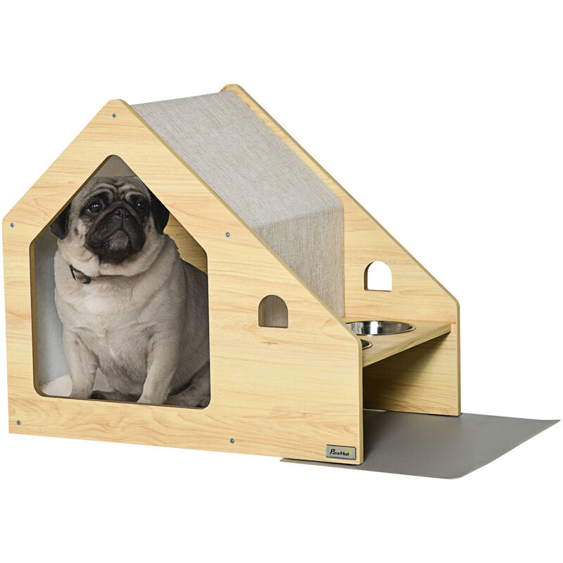 Casa para perros de madera con comedero PawHut 105x65x80 cm natural_D02-080