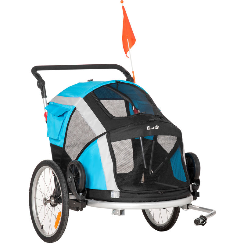 Remolque de Bicicleta para Perros Plegable 2 en 1 Carrito para Perros con Mango Ajustable Bandera y 6 Reflectores Carga Máxima 40 kg 150x82x98 cm